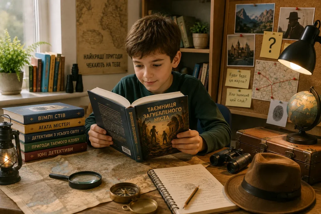 Дитина читає пригодницьку книгу за столом