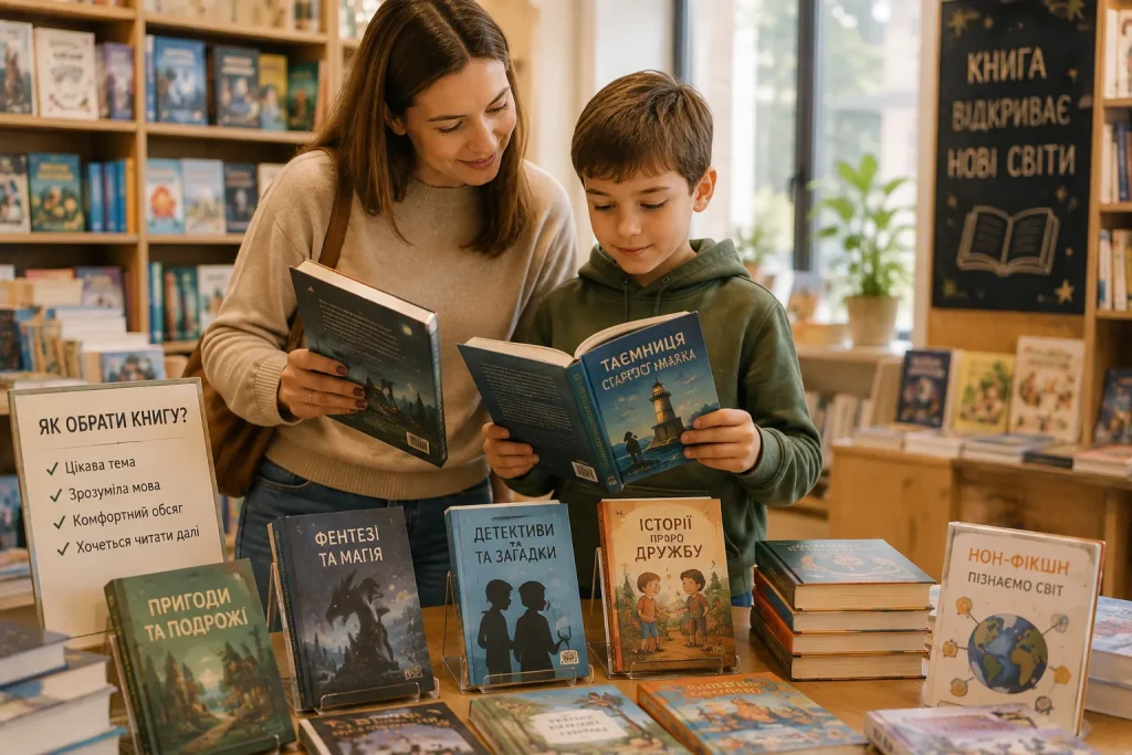 Мама з дитиною обирає книгу