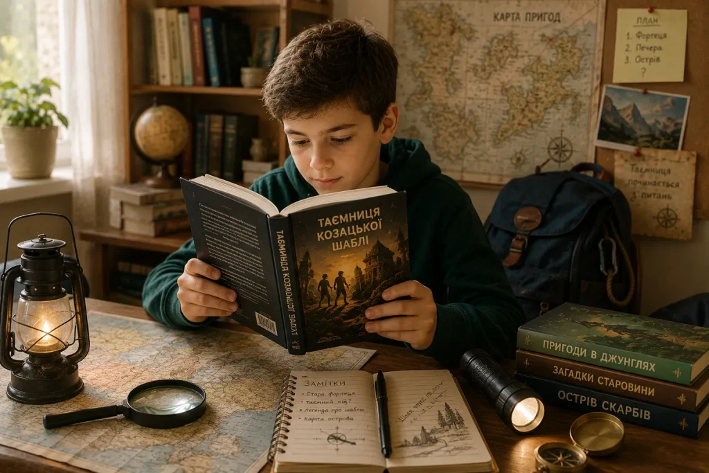 Школяр захоплено читає книгу про пригоди й таємниці