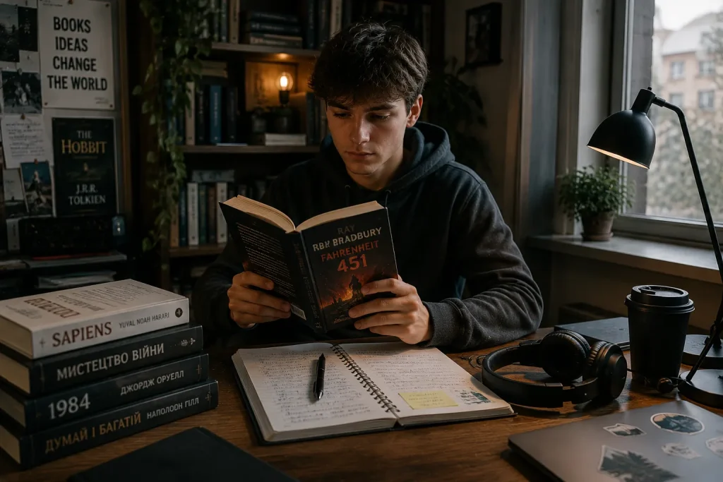 Старший підліток читає книгу в кімнаті